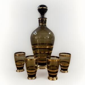 Vintage Romanian Amber Gold Hand Blown Art Glass Decanter w/4 Cordial Glasses